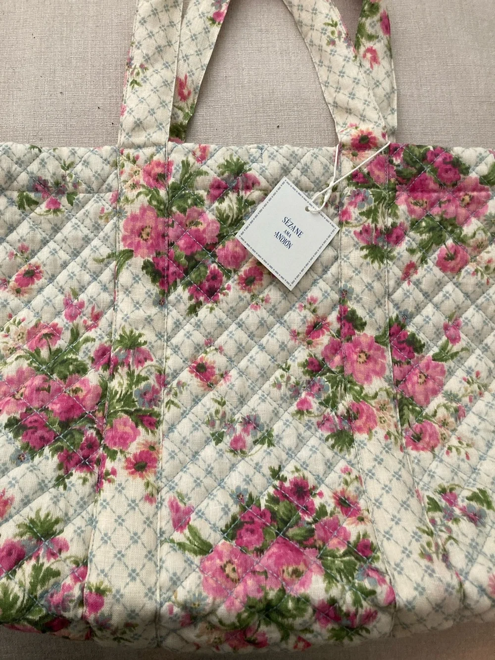Sezane Quilted Cream Tote with Pink Floral Print